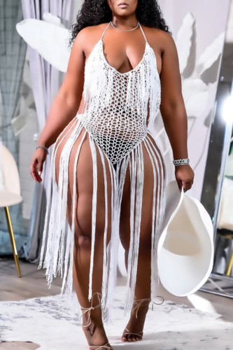 White Sexy Solid Tassel Hollowed Out Patchwork Swimwears Cover Up