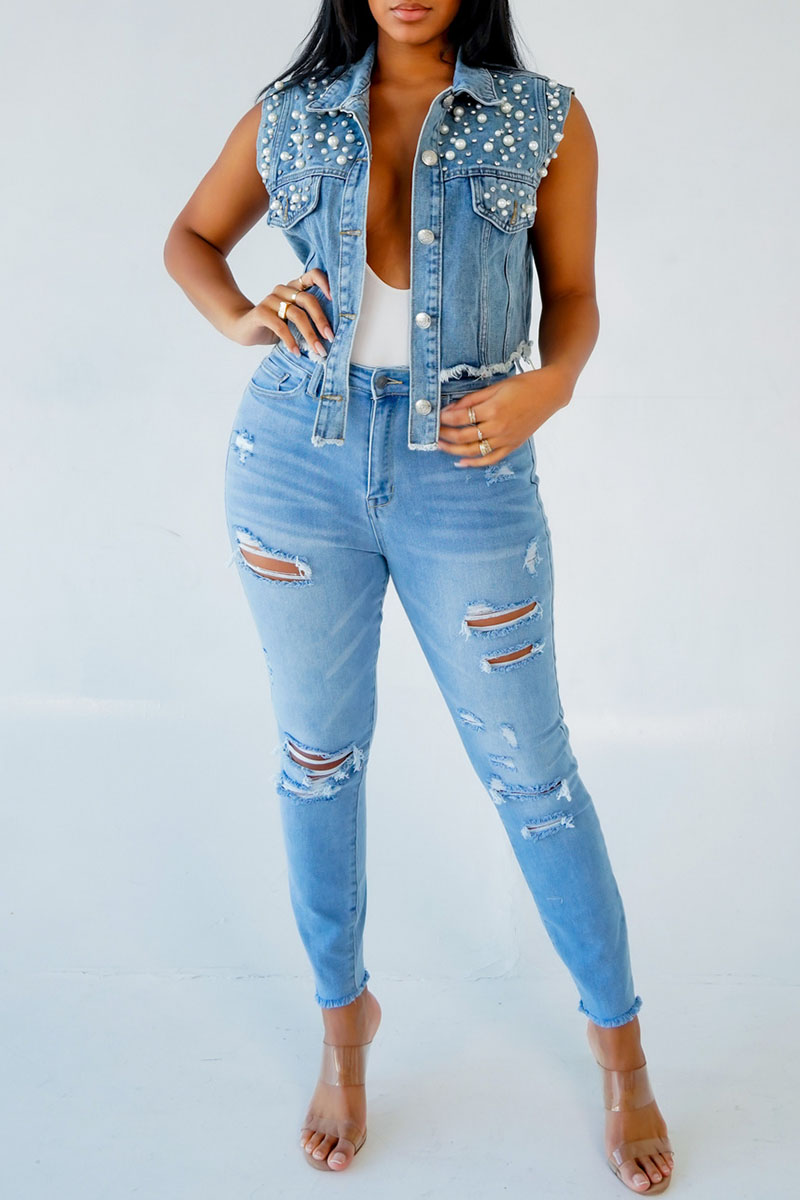 Sexy Hot Solid Color Distressed Buckle V Neck Sleeveless Regular Denim Jacket(3 Colors)