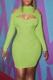 Green Fashion Casual Solid Hollowed Out Backless Half A Turtleneck Long Sleeve Dresses