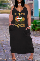 Black Gold Fashion Sexy Plus Size Casual Print Pocket Spaghetti Strap Long Dress