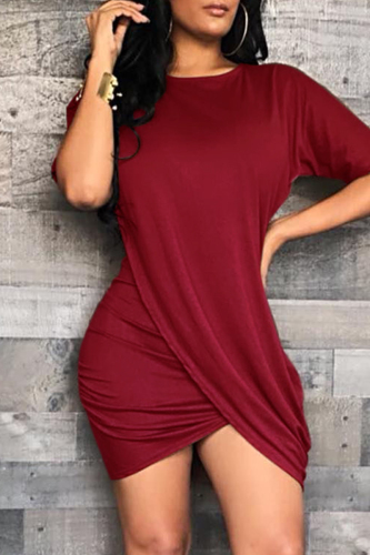 Red Fashion Casual Solid Patchwork O Neck Short Sleeve Dress
