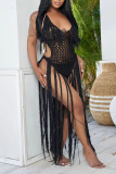 Black Sexy Solid Tassel Hollowed Out Patchwork Swimwears Cover Up