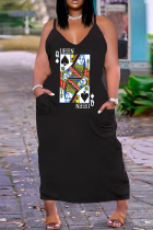 Black Fashion Sexy Plus Size Casual Print Pocket Spaghetti Strap Long Dress