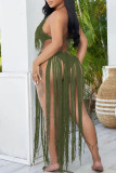 Army Green Sexy Solid Tassel Hollowed Out Patchwork Swimwears Cover Up