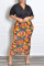 Orange Fashion Casual Print Slit Plus Size Skirt