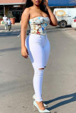 White Fashion Casual Solid Ripped Plus Size Jeans (Without Belt)