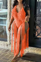 Tangerine Sexy Solid Tassel Hollowed Out Patchwork Swimwears Cover Up
