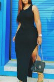 Black Fashion Casual Solid Slit O Neck Vest Dress Plus Size Dresses