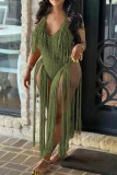 Khaki Sexy Solid Tassel Hollowed Out Patchwork Swimwears Cover Up