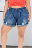 Blue Fashion Casual Solid Ripped Regular High Waist Conventional Solid Color Plus Size Denim Shorts