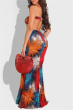 Blue Fashion Sexy Print Hollowed Out Strapless Long Dress