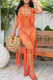Tangerine Sexy Solid Tassel Hollowed Out Patchwork Swimwears Cover Up