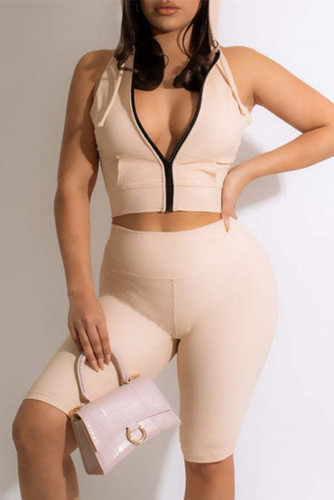 Khaki Fashion Casual Sportswear Solid Basic Hooded Collar Sleeveless Two Pieces