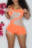Orange Sexy Solid Patchwork See-through Spaghetti Strap Regular Rompers