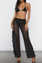 Black Sexy Solid Split Joint See-through Flounce Halter Three Pieces