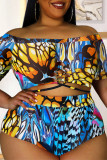 Colour Fashion Sexy Print Hollowed Out Off the Shoulder Plus Size Swimwear (With Paddings)