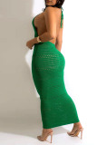 Green Sexy Solid Hollowed Out Patchwork Backless Halter One Step Skirt Dresses