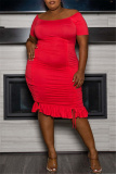 Red Fashion Casual Plus Size Solid Bandage Fold O Neck Short Sleeve Dress