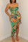 Green Fashion Sexy Print Backless Spaghetti Strap Irregular Dress