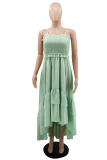 Green Fashion Casual Plaid Patchwork Backless Spaghetti Strap Irregular Dress