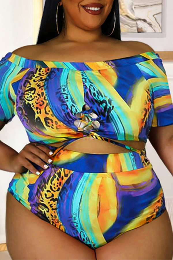 Colour Fashion Sexy Print Hollowed Out Off the Shoulder Plus Size Swimwear (With Paddings)