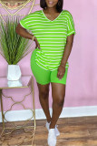 Green Fashion Casual Striped Print Basic V Neck Short Sleeve Two Pieces