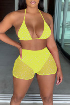 Yellow Sexy Solid Bandage Sequins Patchwork See-through Halter Sleeveless Two Pieces