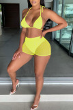 Yellow Sexy Solid Bandage Sequins Patchwork See-through Halter Sleeveless Two Pieces