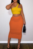 Tangerine Sexy Solid Patchwork Asymmetrical Oblique Collar Sleeveless Two Pieces