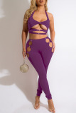 Purple Sexy Solid Hollowed Out Patchwork Halter Sleeveless Two Pieces