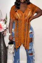 Tangerine Red Sexy Solid Tassel Hollowed Out Patchwork Swimwears Cover Up