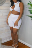 White Sexy Solid Hollowed Out Patchwork O Neck Sleeveless Two Pieces