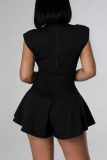 Black Casual Solid Patchwork Fold O Neck Sleeveless Two Pieces