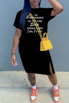 Black Fashion Casual Letter Print Slit O Neck Short Sleeve Dress