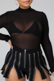 Black Fashion Casual Solid Patchwork Zipper Regular Mid Waist Shorts