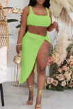 Green Sexy Solid Patchwork Slit Asymmetrical U Neck Two Pieces