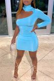 Blue Fashion Sexy Solid Hollowed Out Turtleneck Long Sleeve Dresses