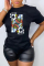 Black Fashion Geometric Print Split Joint O Neck T-Shirts