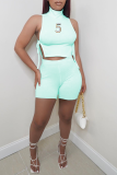 Water Blue Fashion Print Bandage Half A Turtleneck Sleeveless Two Pieces