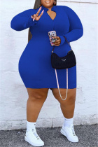 Blue Fashion Casual Solid Basic Zipper Collar Long Sleeve Plus Size Dresses