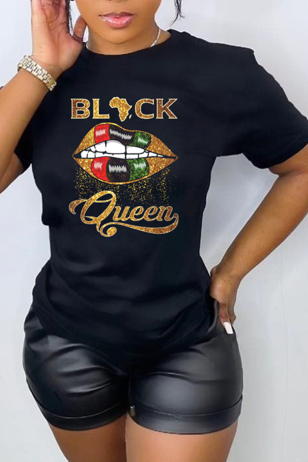 Black Fashion Print Lips Printed Patchwork Letter O Neck T-Shirts