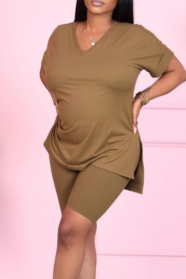 Khaki Casual Solid Patchwork V Neck Short Sleeve Two Pieces