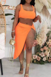 Tangerine Sexy Solid Patchwork Slit Asymmetrical U Neck Two Pieces