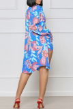 Blue Sexy Print Patchwork Buckle Turndown Collar Long Sleeve Three Pieces