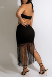 Black Sexy Solid Tassel Bandage Hollowed Out Backless Halter Strapless Dress Dresses