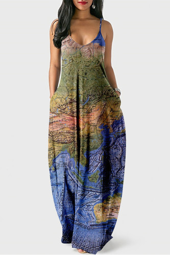 Dark Blue Sexy Graphic Print Floor Length Backless Sleeveless African Style Loose Cami Maxi Dress