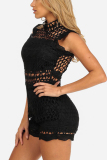 Black Fashion Embroidery Hollow Out Solid Romper