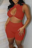 Red Sexy Solid Hollowed Out Patchwork O Neck Sleeveless Two Pieces