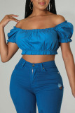Blue Casual Solid Patchwork Off the Shoulder T-Shirts