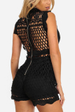 Black Fashion Embroidery Hollow Out Solid Romper